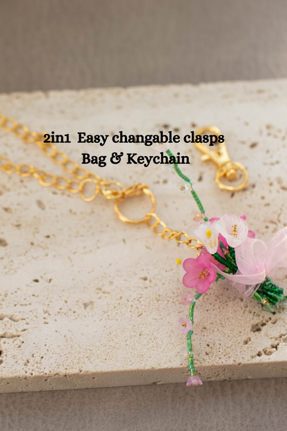 Handmade Beaded Flower Bouquet Keychain - Floral Bag Charm - 2IN1, Red, handmade beaded flower bouquet keychain