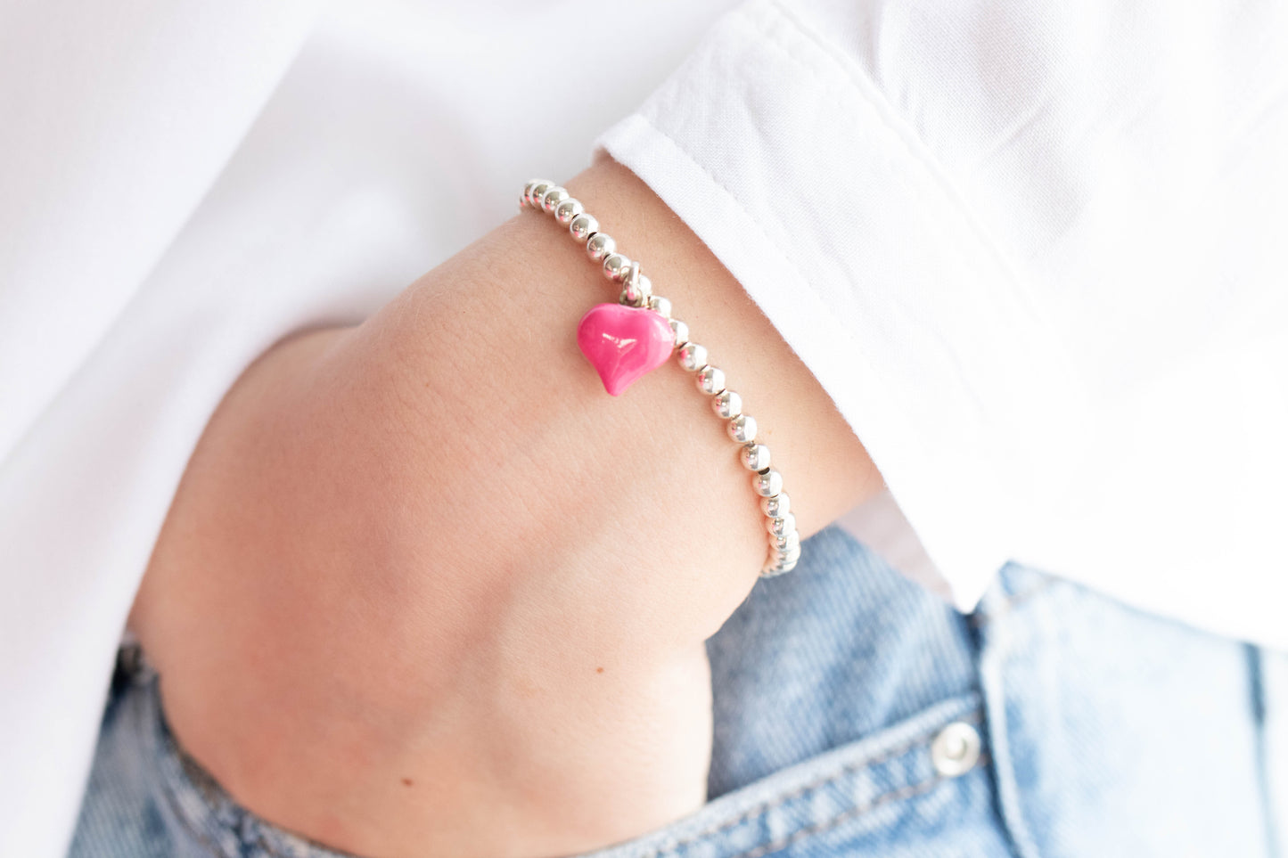 Sterling silver puff heart charm bracelet