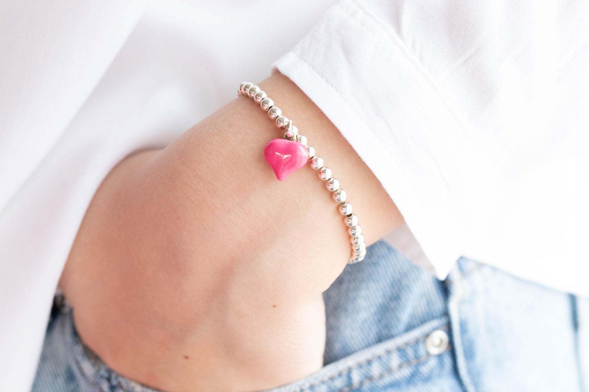 Sterling silver puff heart charm bracelet