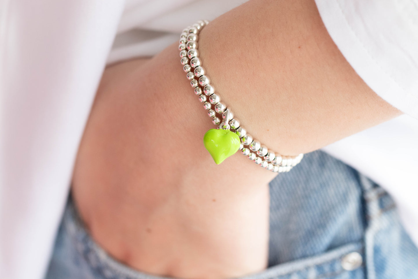 Sterling silver puff heart charm bracelet