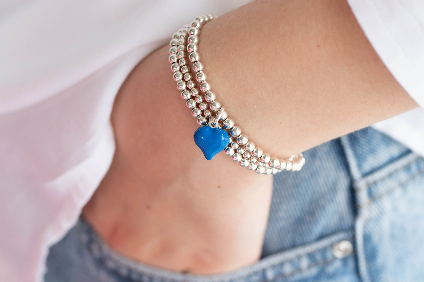 Sterling silver blue puff heart charm bracelet