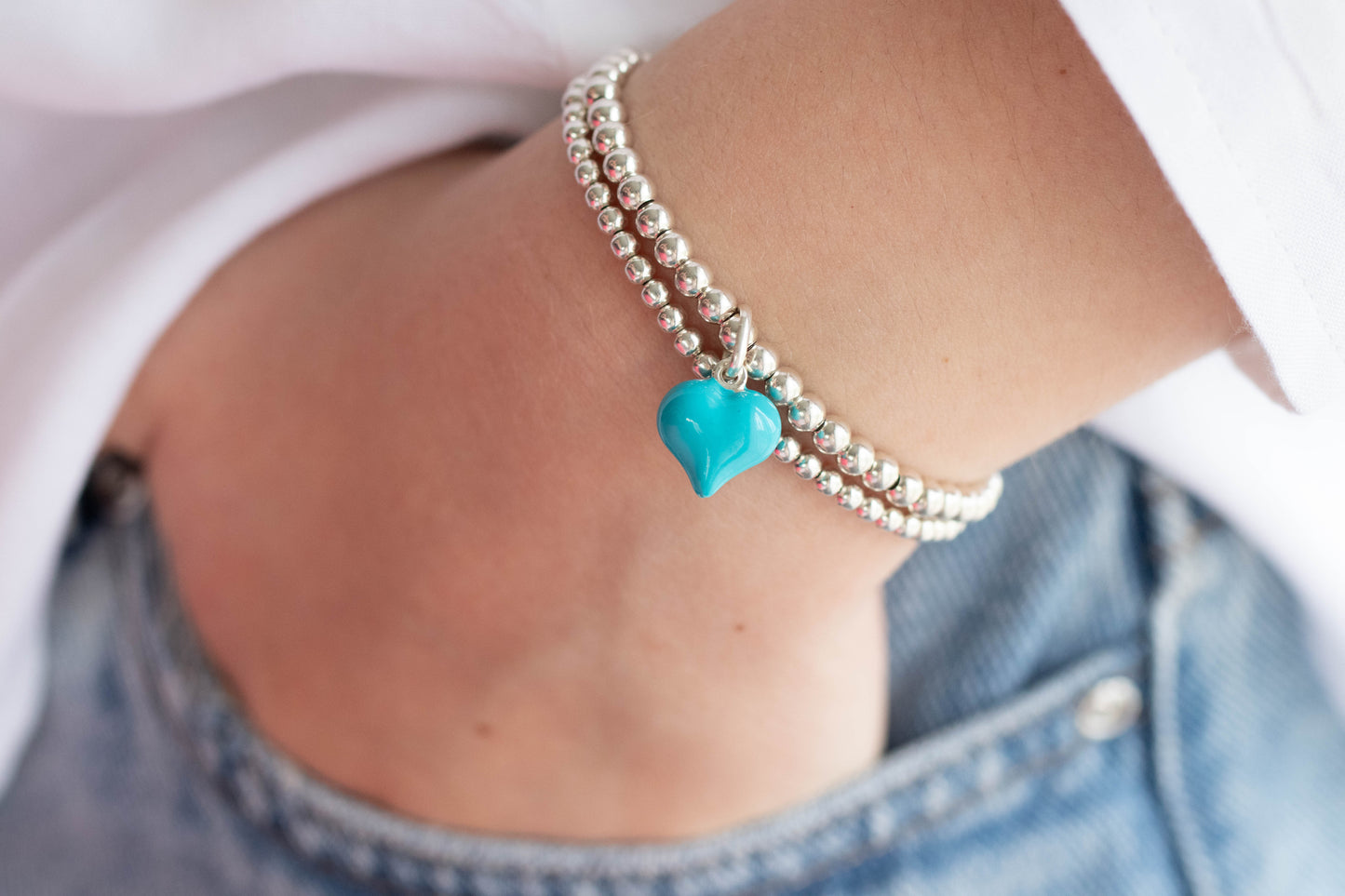 Sterling silver puff heart charm bracelet