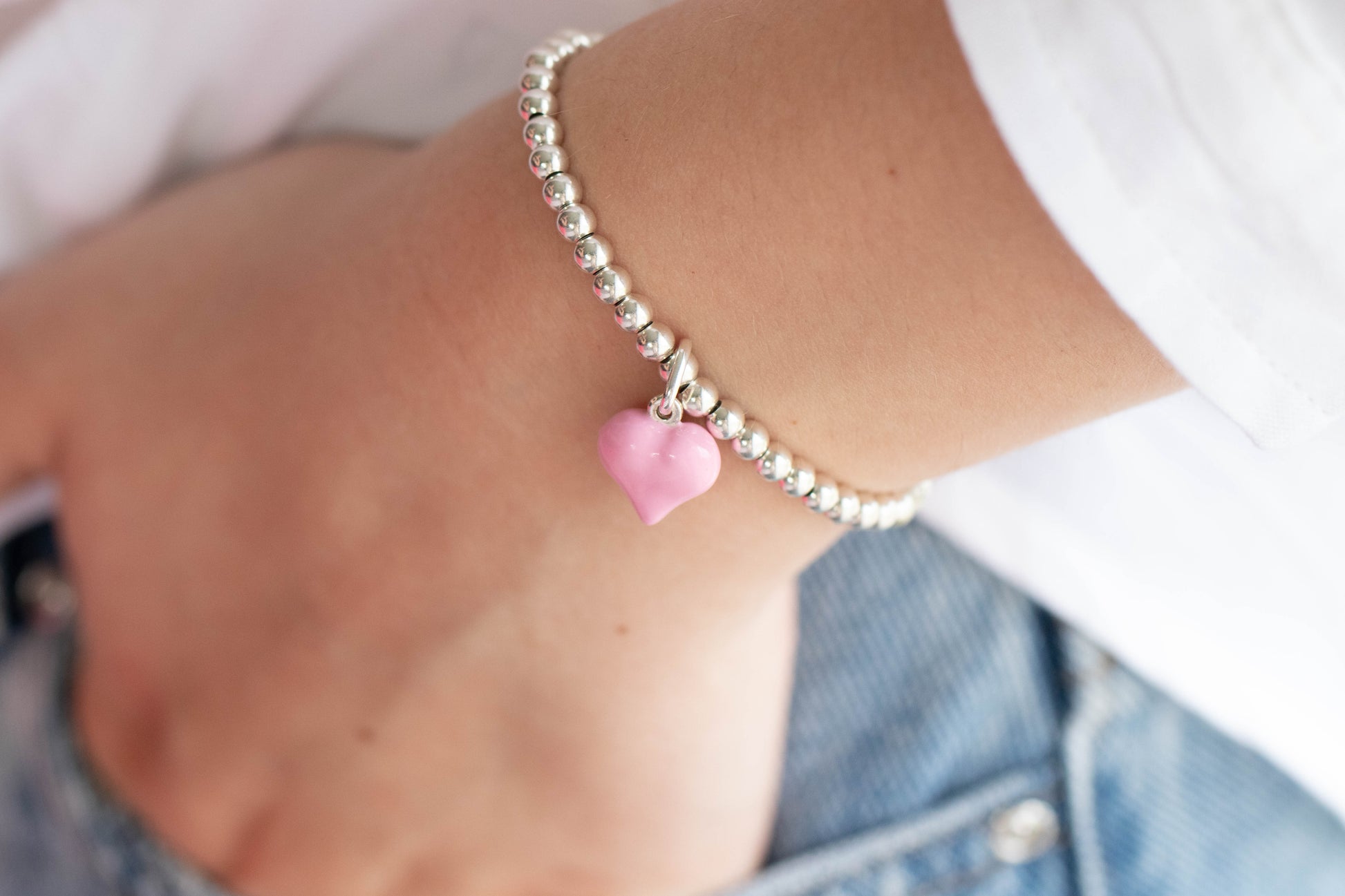 Sterling silver puff heart charm bracelet