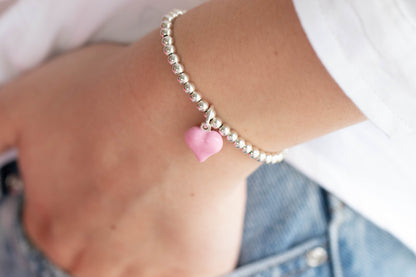 Sterling silver puff heart charm bracelet