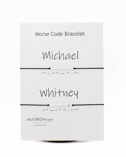 Personalized Morse Code couple bracelets set of 2 with 925 sterling silver beads on black cord.