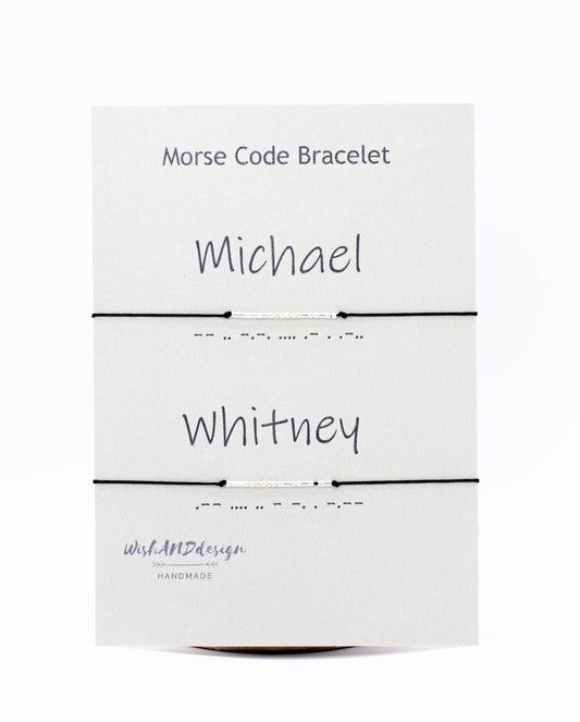 Personalized Morse Code couple bracelets set of 2 with 925 sterling silver beads on black cord.