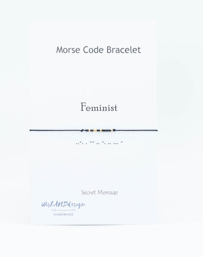 Feminist Morse Code Bracelet - handmade Morse code bracelet with glass seed beads on nylon cord, photo 2 of 10