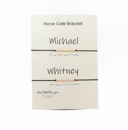 Personalized Morse Code couple bracelets set of 2 with 925 sterling silver beads on black cord.