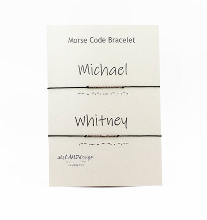 Personalized Morse Code couple bracelets set of 2 with 925 sterling silver beads on black cord.