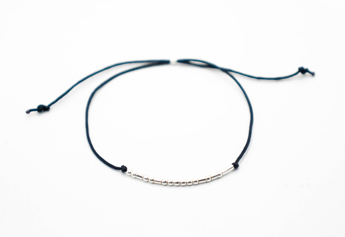 Personalized Morse Code couple bracelets set of 2 with 925 sterling silver beads on black cord.
