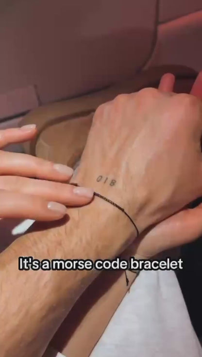 Personalized Morse Code couple bracelets set of 2 with 925 sterling silver beads on black cord.
